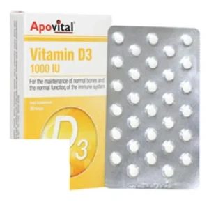 قرص خوراکی ویتامین دی 3 آپوویتال 1000 میلی گرم بسته 30 عددی